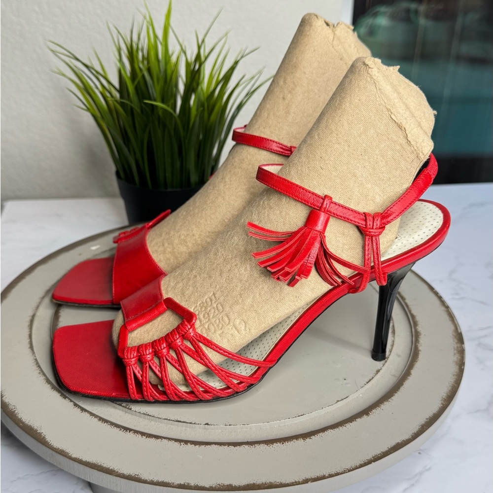 Christian Lacroix Tassel Accent Red Leather Slingback Heels Women’s US 6